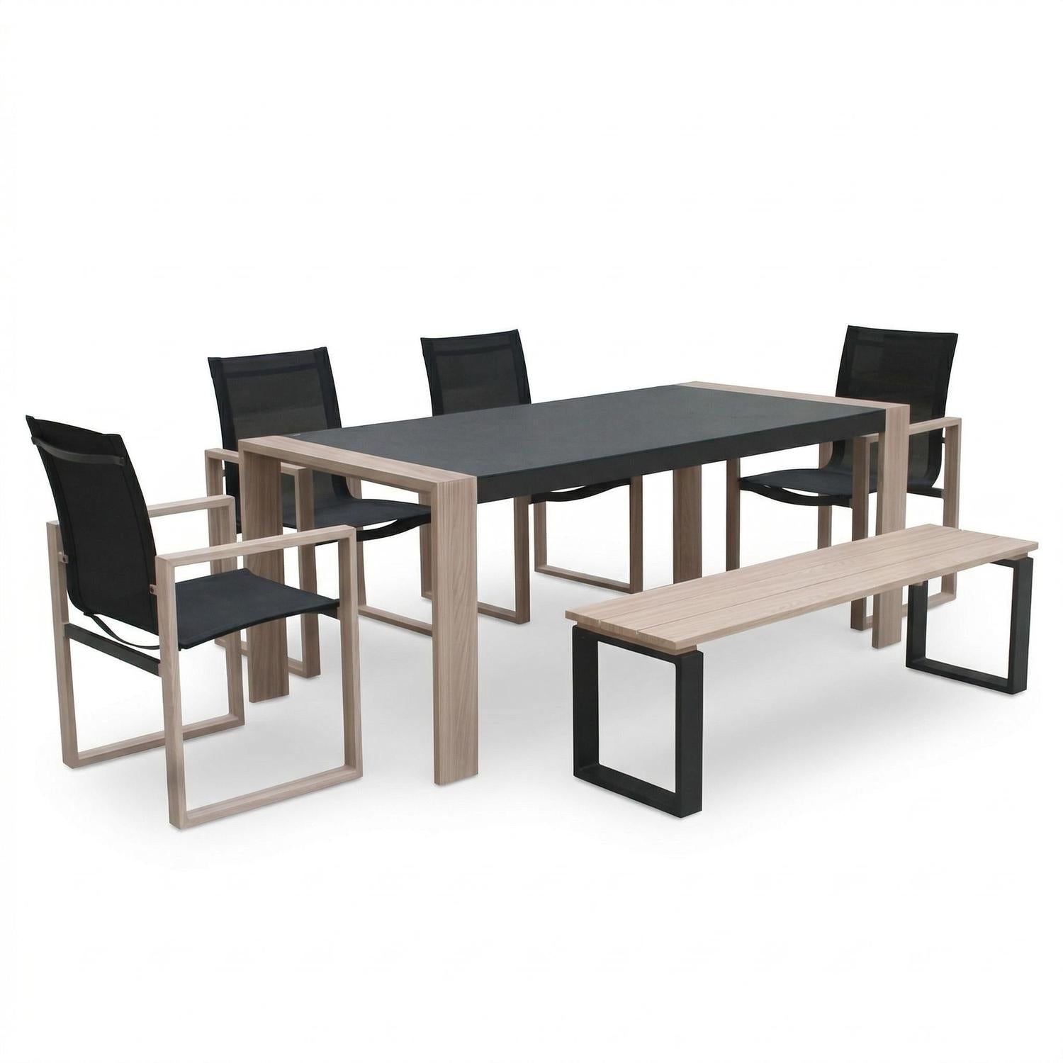 Ensemble patio Nozay 6 places – Table, chaises et banc noir ave effet bois - Simple Boutique