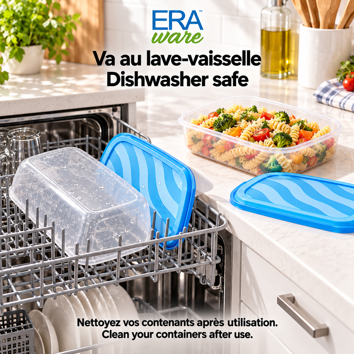 EraWare Contenants Rectangulaires de Conservation Alimentaire 2,54 L, 86 oz, avec Couvercle, Fabriqués au Canada, Lot de 6 - Simple Boutique