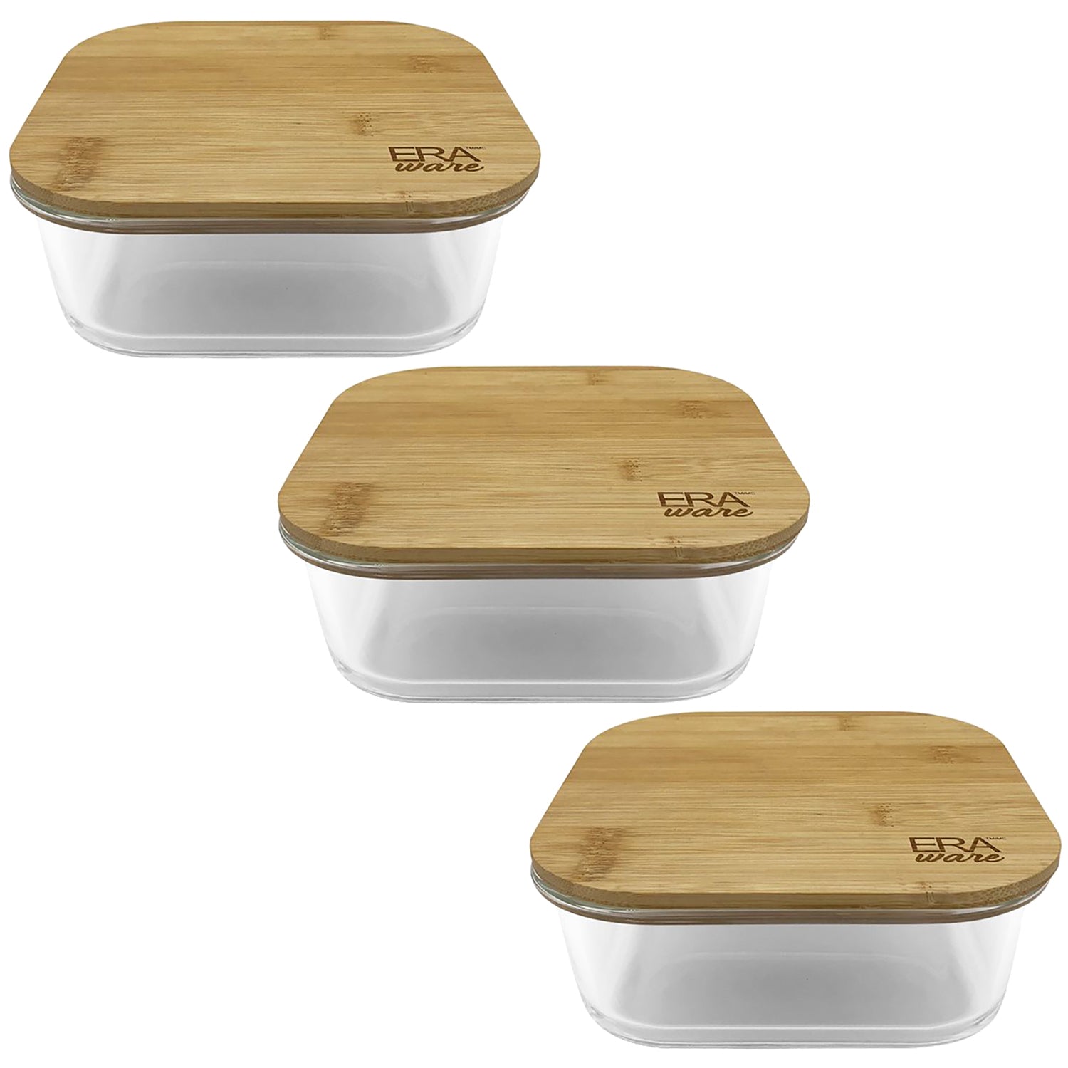 EraWare - Ensemble de 3 Plats en Verre Borosilicate, Couvercle en Bambou, Vont au Four, 320ml - Simple Boutique