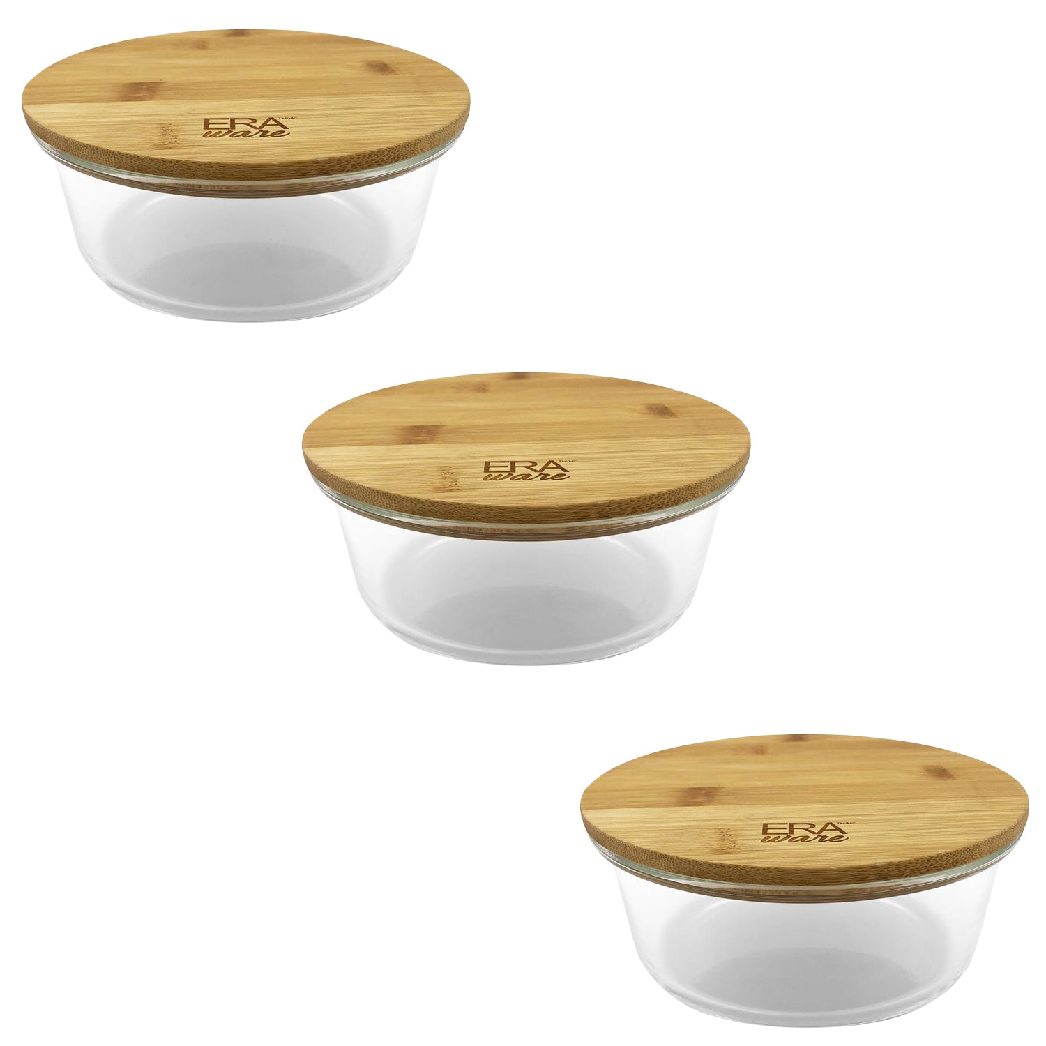 EraWare - Ensemble de 3 Plats en Verre Borosilicate, Couvercle en Bambou, Vont au Four, 400ml - Simple Boutique