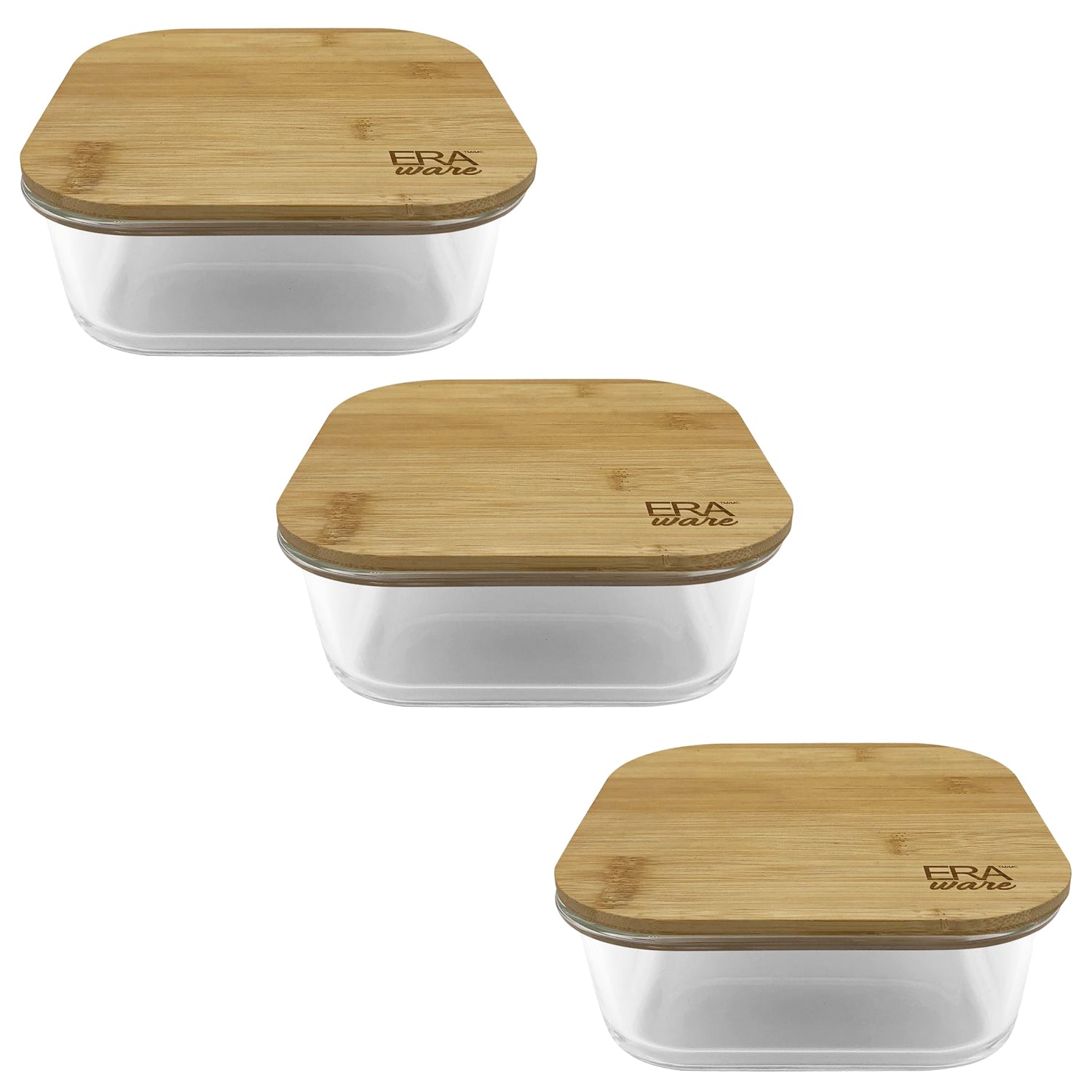 EraWare - Ensemble de 3 Plats en Verre Borosilicate, Couvercle en Bambou, Vont au Four, 520ml - Simple Boutique