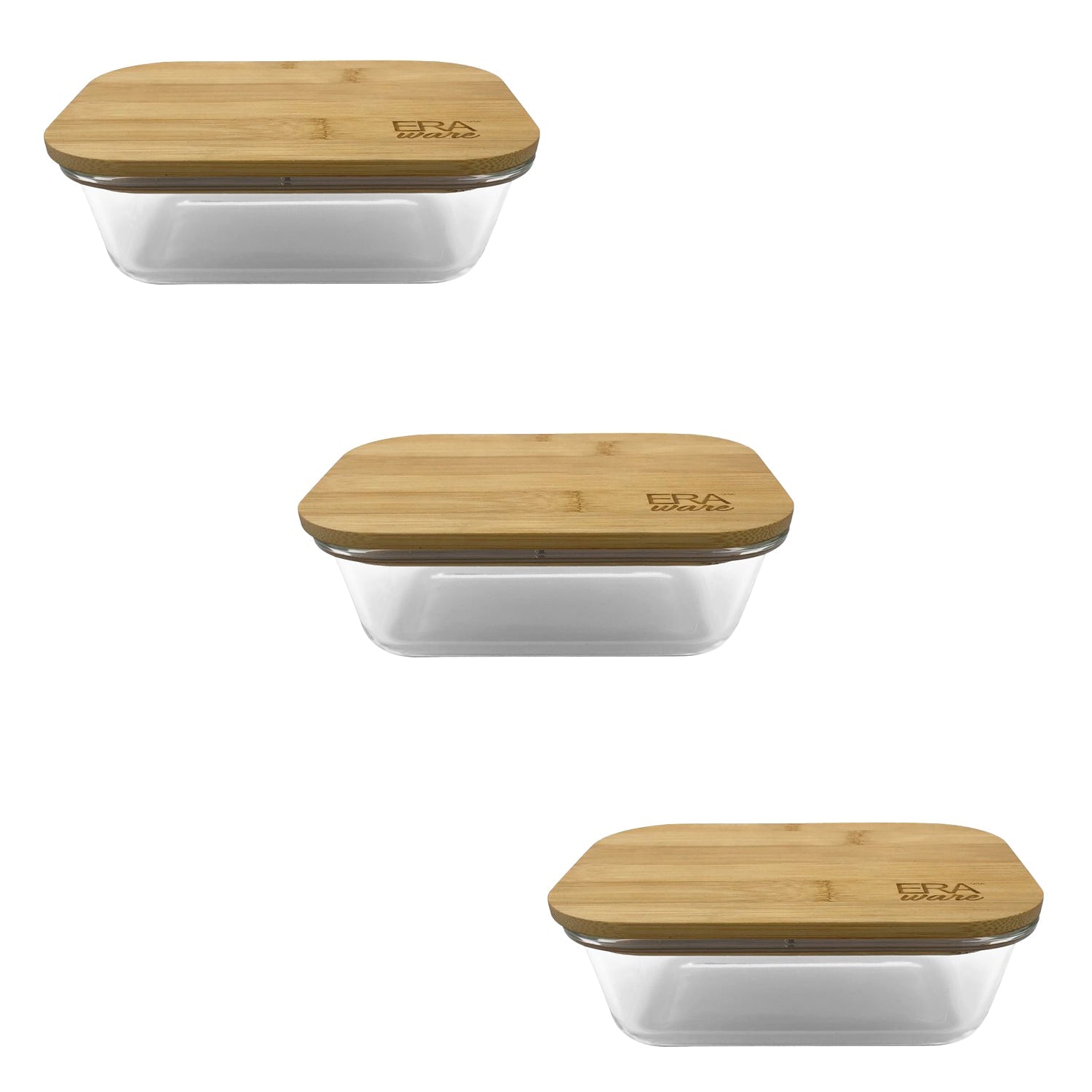 EraWare - Ensemble de 3 Plats en Verre Borosilicate, Couvercle en Bambou, Vont au Four, 640ml - Simple Boutique