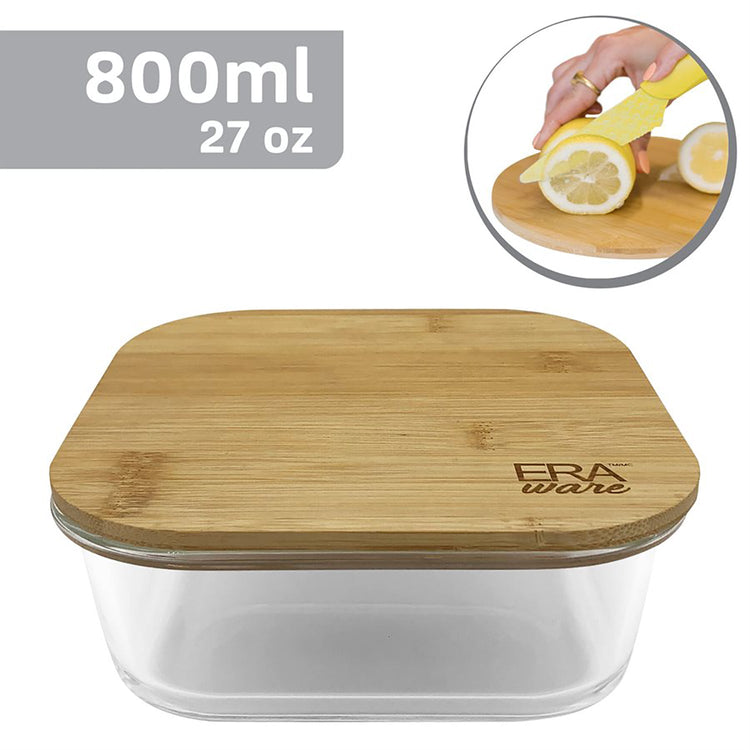 EraWare - Ensemble de 3 Plats en Verre Borosilicate, Couvercle en Bambou, Vont au Four, 800ml - Simple Boutique