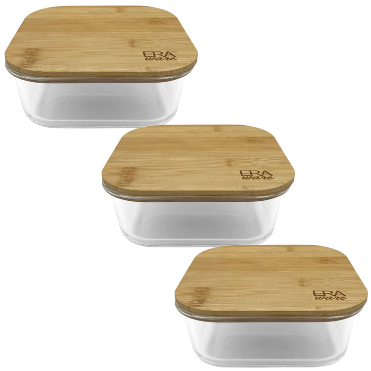 EraWare - Ensemble de 3 Plats en Verre Borosilicate, Couvercle en Bambou, Vont au Four, 800ml - Simple Boutique