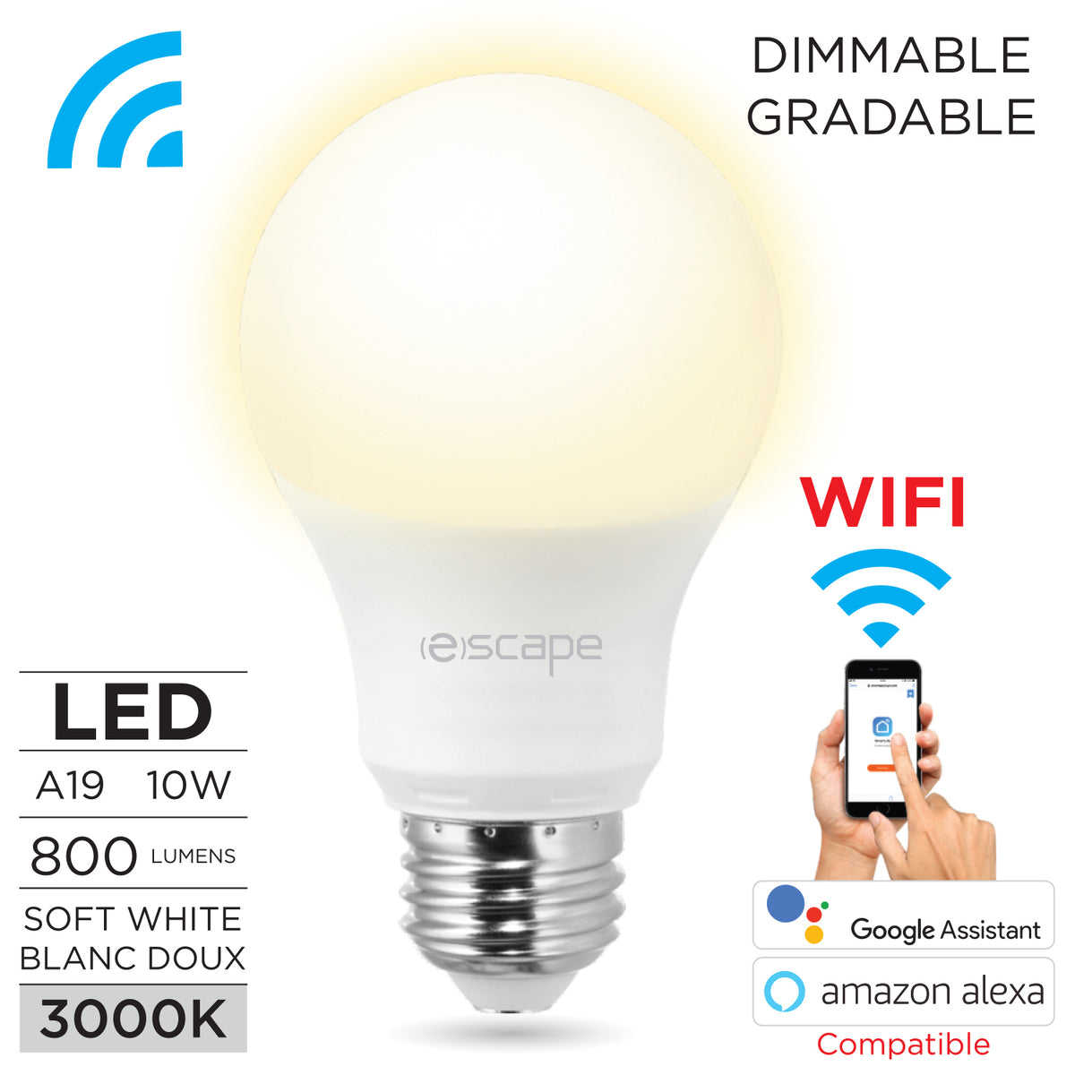 Escape Ampoule Intelligente Wi-Fi Blanc Doux 3000 K, DEL A19 Gradable, 800 Lumens - Simple Boutique