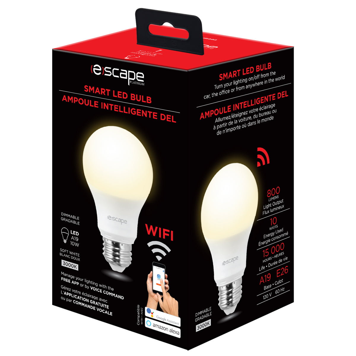 Escape Ampoule Intelligente Wi-Fi Blanc Doux 3000 K, DEL A19 Gradable, 800 Lumens - Simple Boutique