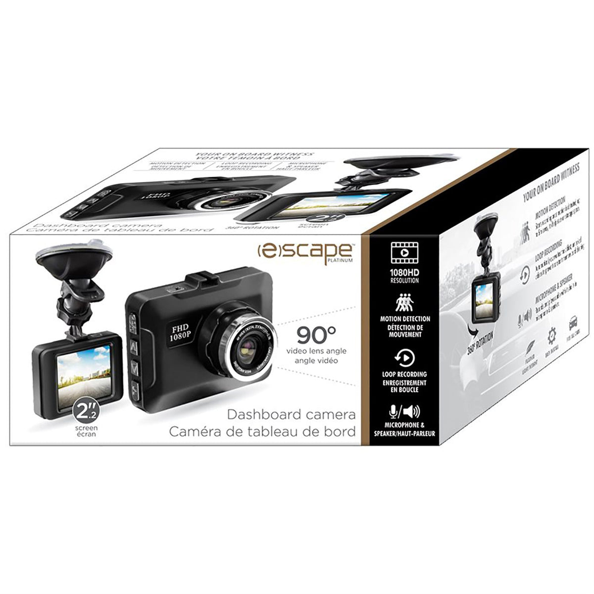 Escape - Caméra pour Tableau de Bord/DashCam, Écran de 2.2", 1080HD, Détection de Mouvement, Noir - Simple Boutique