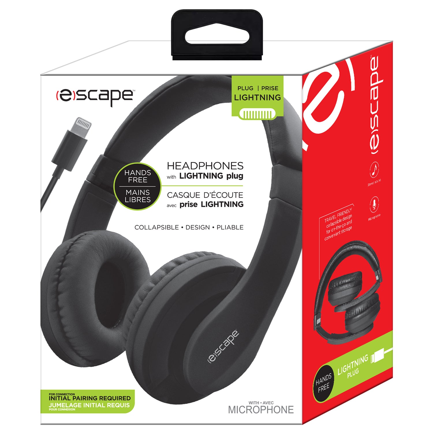 Escape Casque d'Écoute Filaire avec Prise Lightning et Microphone, Pliable, Noir - Simple Boutique