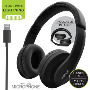 Escape Casque d'Écoute Filaire avec Prise Lightning et Microphone, Pliable, Noir - Simple Boutique