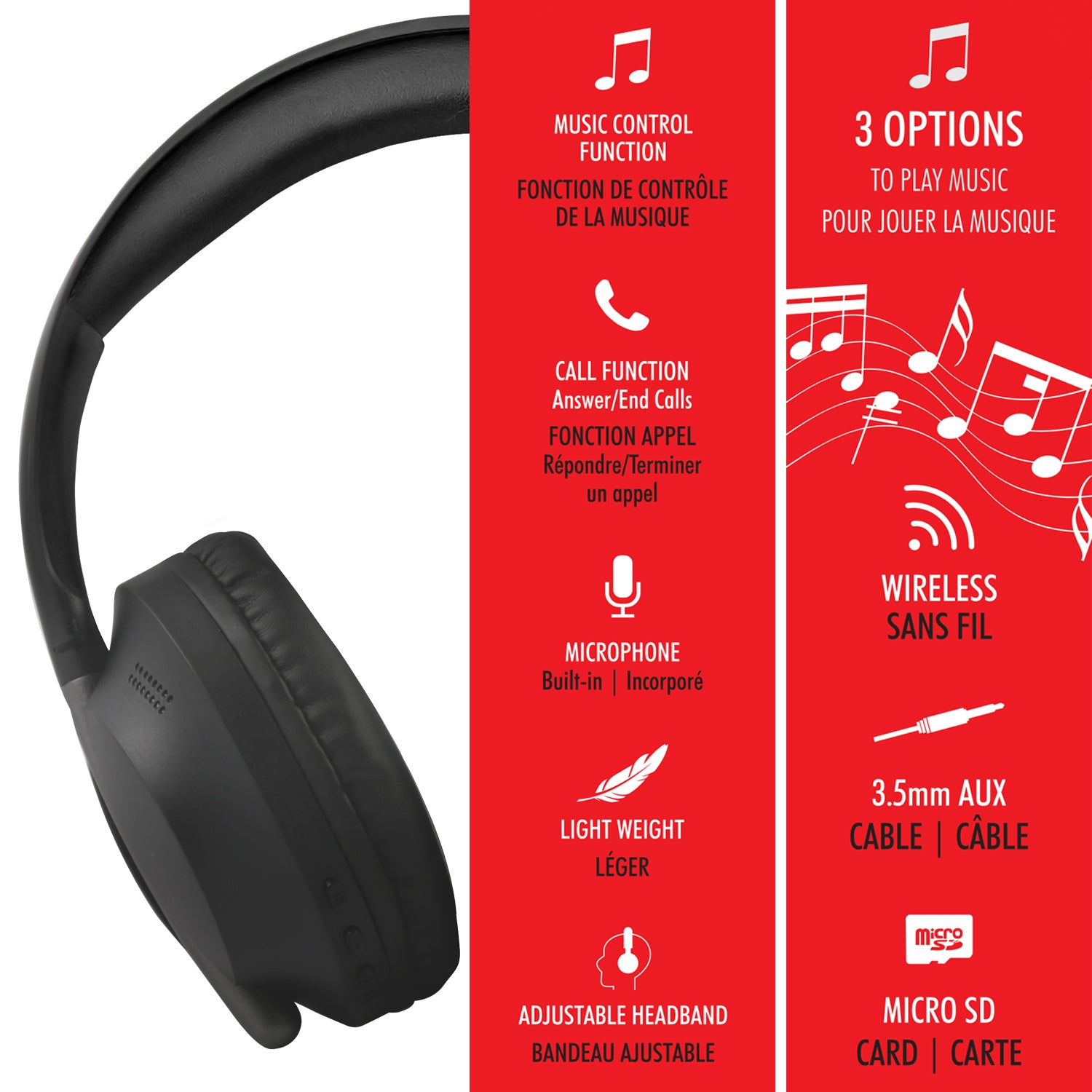 Escape Casque d'Écoute Sans Fil Pliable à Plat avec Radio FM, Micro SD et Câble AUX, Noir - Simple Boutique
