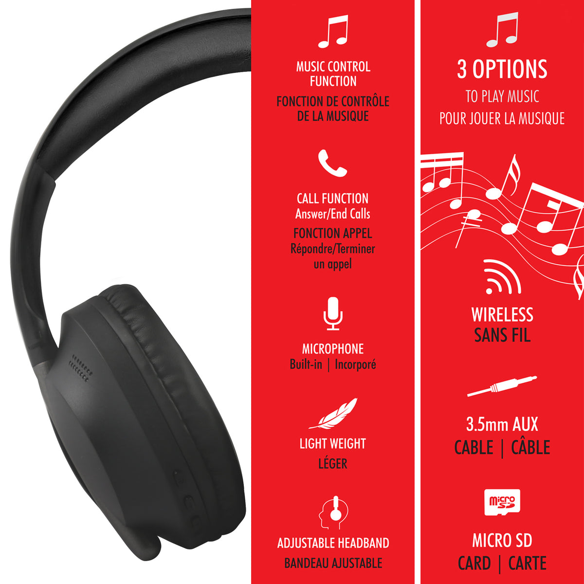 Escape Casque d'Écoute Sans Fil Pliable à Plat avec Radio FM, Micro SD et Câble AUX, Noir - Simple Boutique