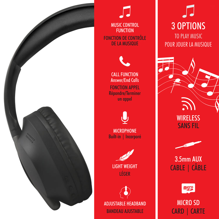 Escape Casque d'Écoute Sans Fil Pliable à Plat avec Radio FM, Micro SD et Câble AUX, Noir - Simple Boutique
