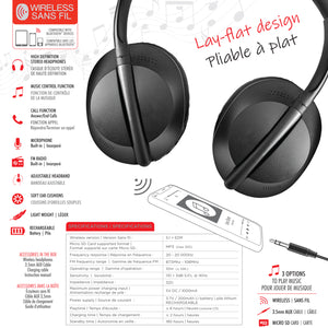 Escape Casque d'Écoute Sans Fil Pliable à Plat avec Radio FM, Micro SD et Câble AUX, Noir - Simple Boutique