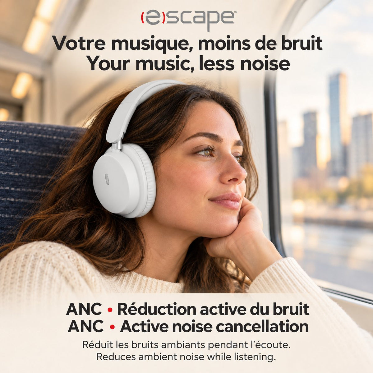 Escape Casque d'Écoute Sans Fil Pliable à Réduction de Bruit ANC + ENC, Microphone, Blanc - Simple Boutique