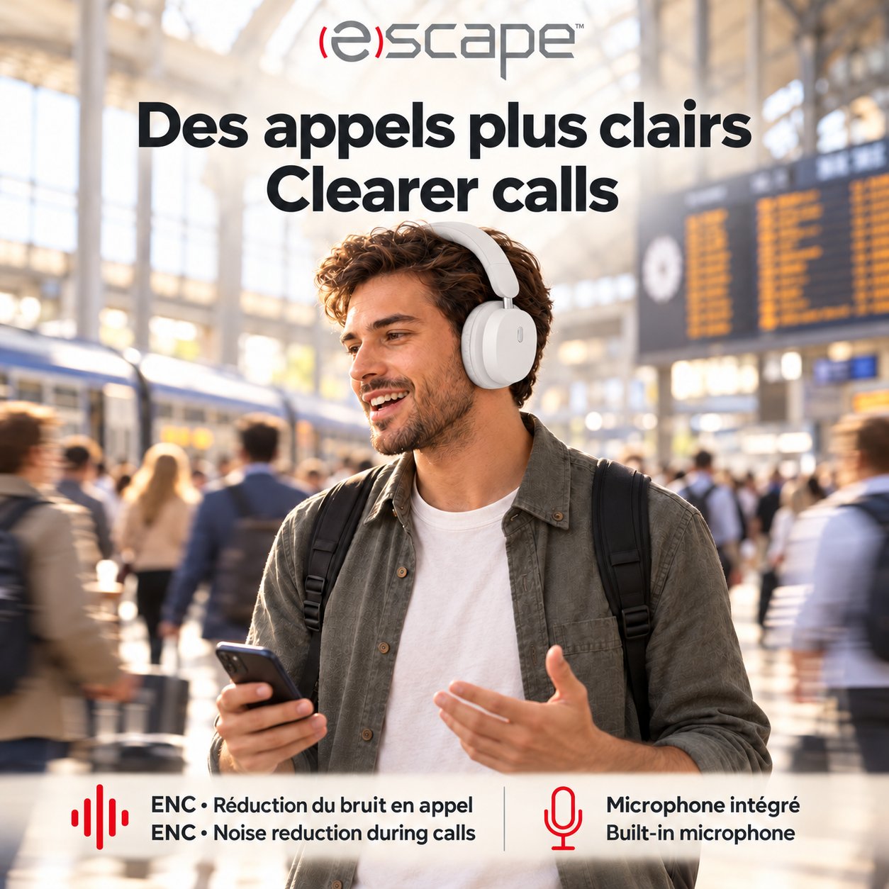Escape Casque d'Écoute Sans Fil Pliable à Réduction de Bruit ANC + ENC, Microphone, Blanc - Simple Boutique