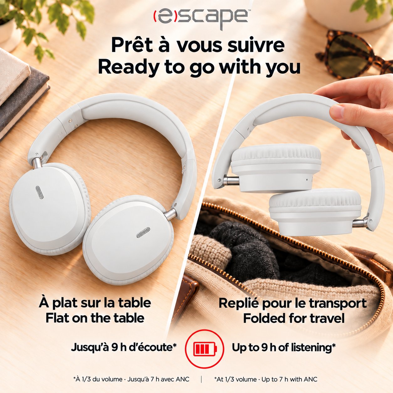 Escape Casque d'Écoute Sans Fil Pliable à Réduction de Bruit ANC + ENC, Microphone, Blanc - Simple Boutique