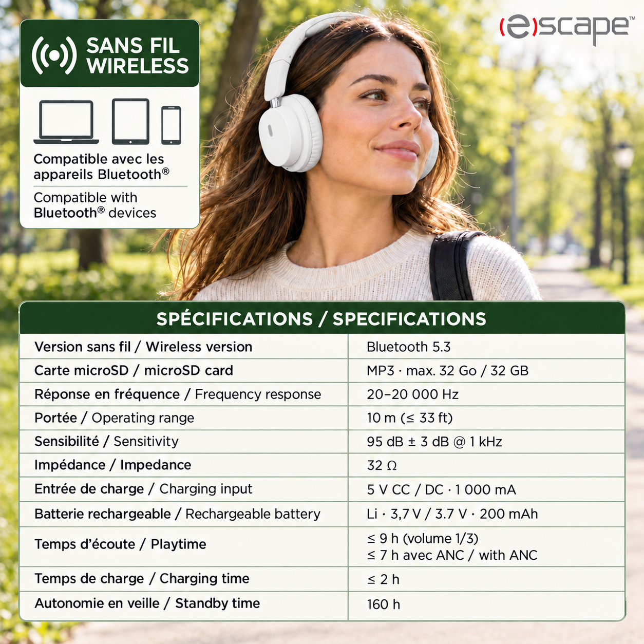 Escape Casque d'Écoute Sans Fil Pliable à Réduction de Bruit ANC + ENC, Microphone, Blanc - Simple Boutique