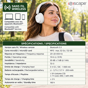 Escape Casque d'Écoute Sans Fil Pliable à Réduction de Bruit ANC + ENC, Microphone, Blanc - Simple Boutique