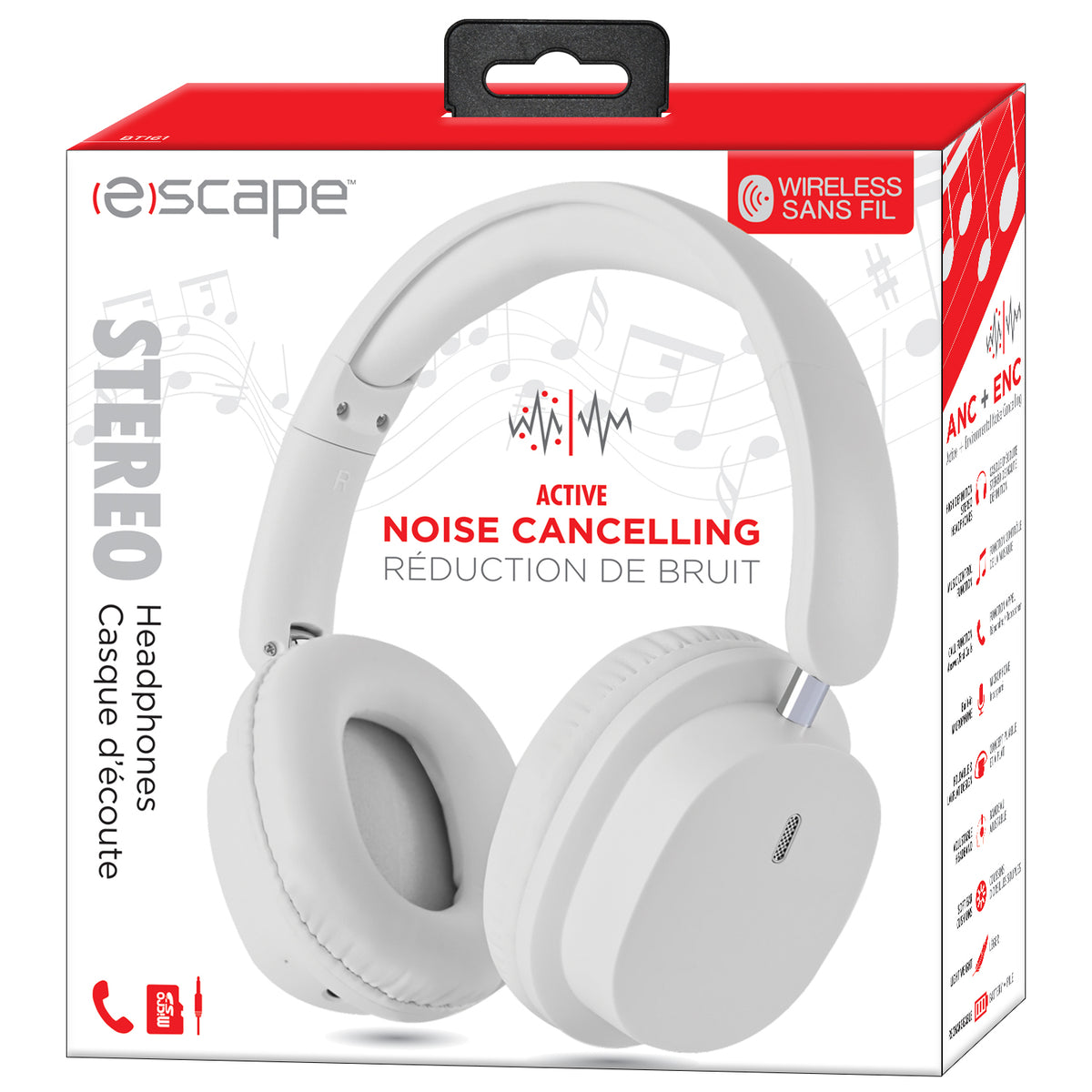 Escape Casque d'Écoute Sans Fil Pliable à Réduction de Bruit ANC + ENC, Microphone, Blanc - Simple Boutique