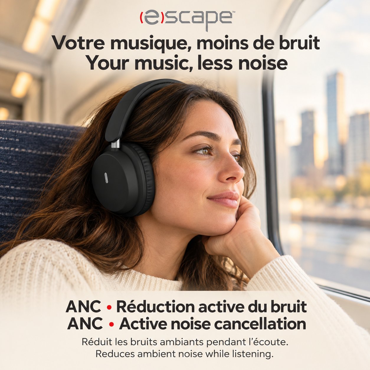 Escape Casque d'Écoute Sans Fil Pliable à Réduction de Bruit ANC + ENC, Microphone, Noir - Simple Boutique