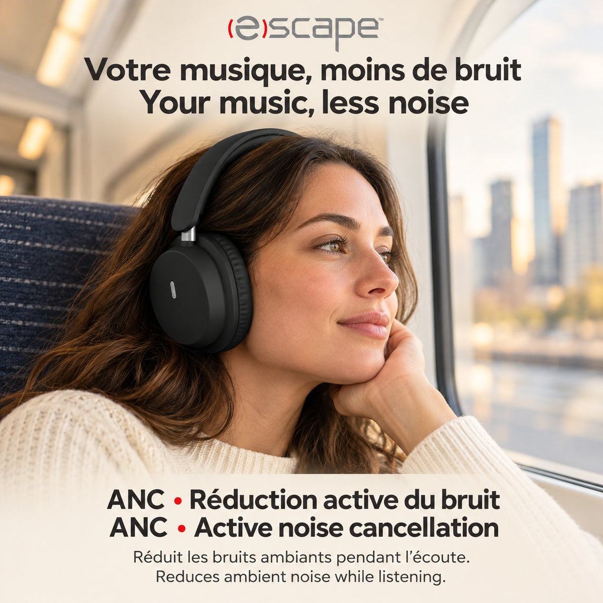 Escape Casque d'Écoute Sans Fil Pliable à Réduction de Bruit ANC + ENC, Microphone, Noir - Simple Boutique