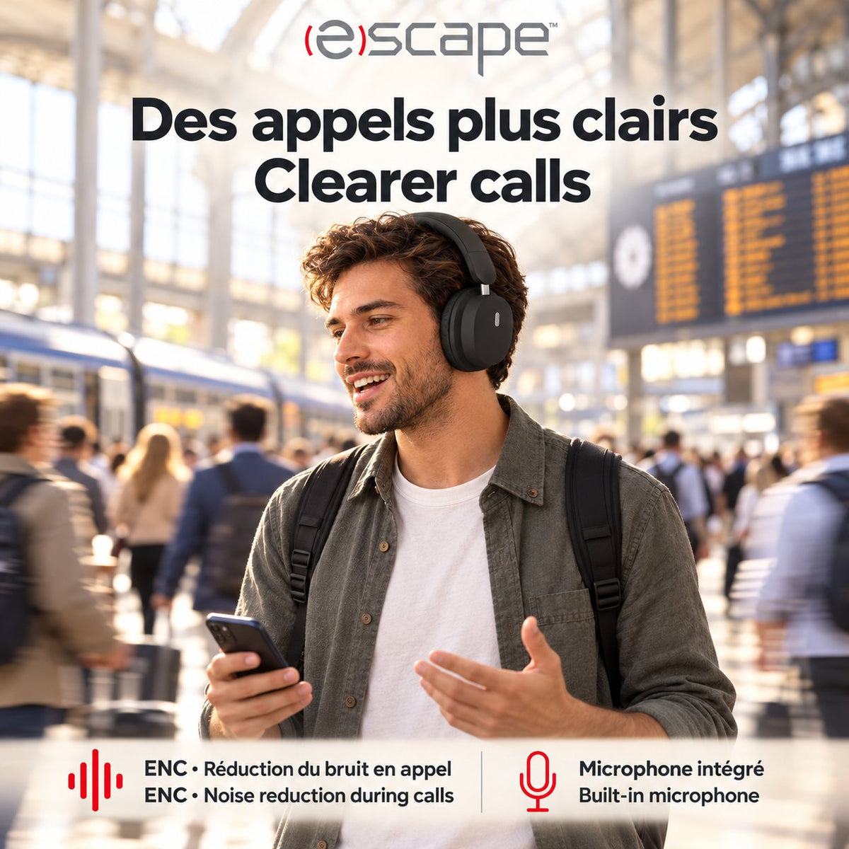 Escape Casque d'Écoute Sans Fil Pliable à Réduction de Bruit ANC + ENC, Microphone, Noir - Simple Boutique