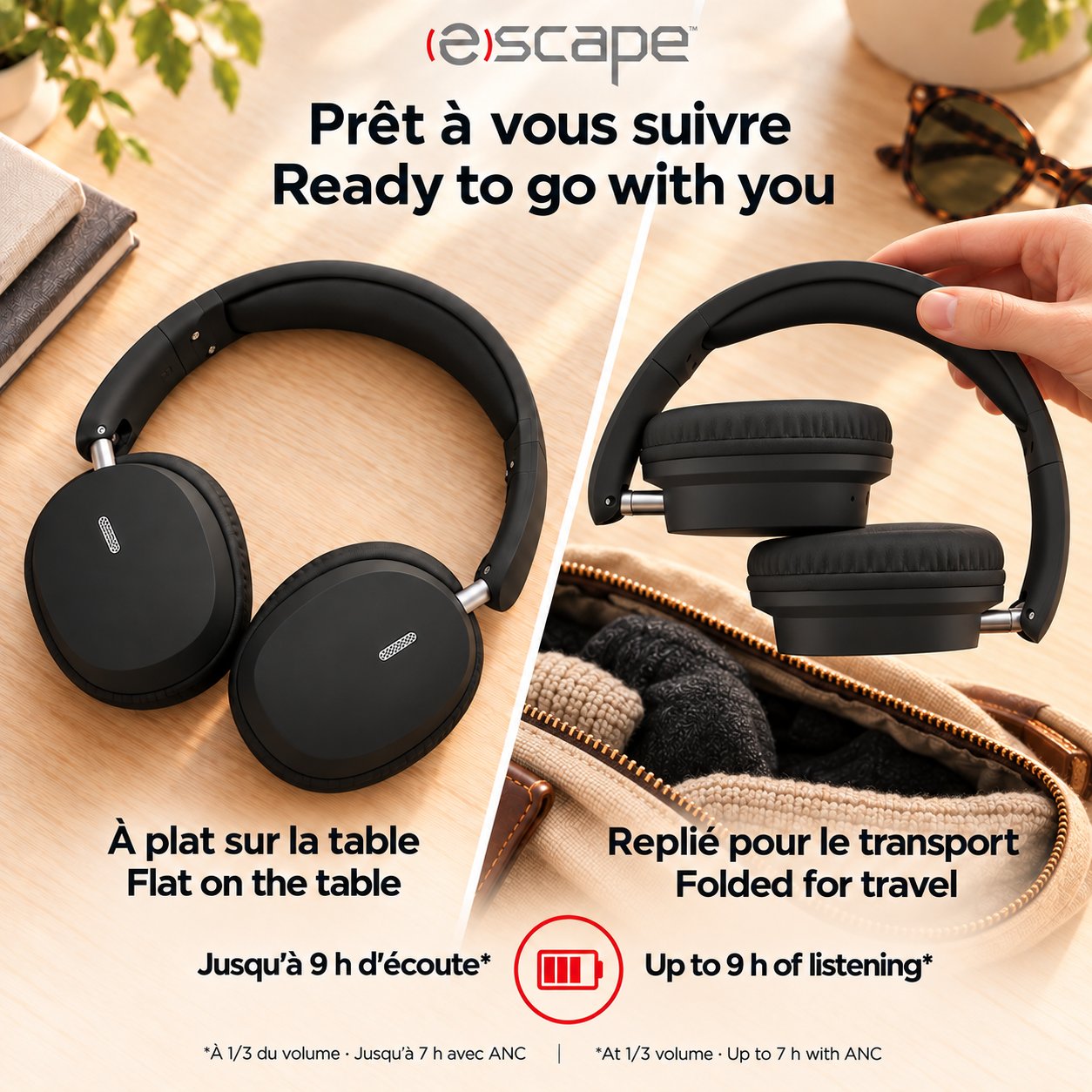 Escape Casque d'Écoute Sans Fil Pliable à Réduction de Bruit ANC + ENC, Microphone, Noir - Simple Boutique