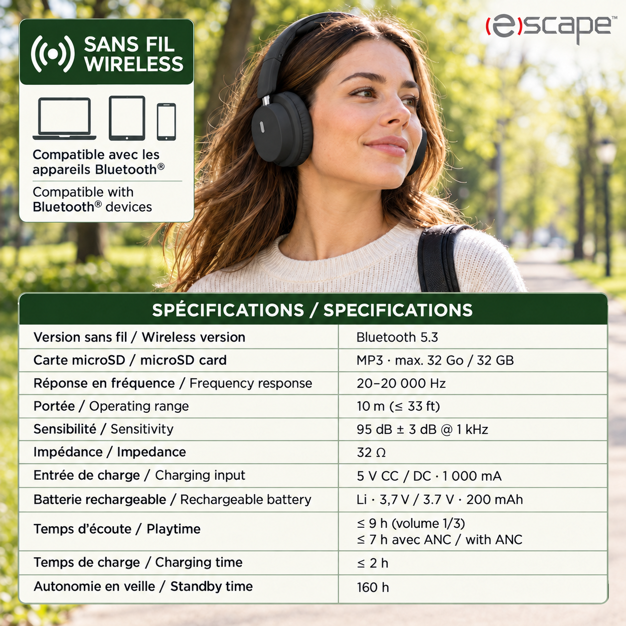 Escape Casque d'Écoute Sans Fil Pliable à Réduction de Bruit ANC + ENC, Microphone, Noir - Simple Boutique