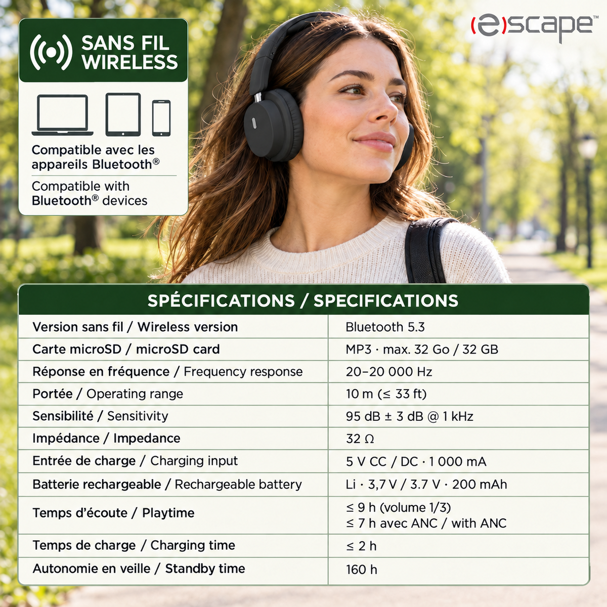 Escape Casque d'Écoute Sans Fil Pliable à Réduction de Bruit ANC + ENC, Microphone, Noir - Simple Boutique