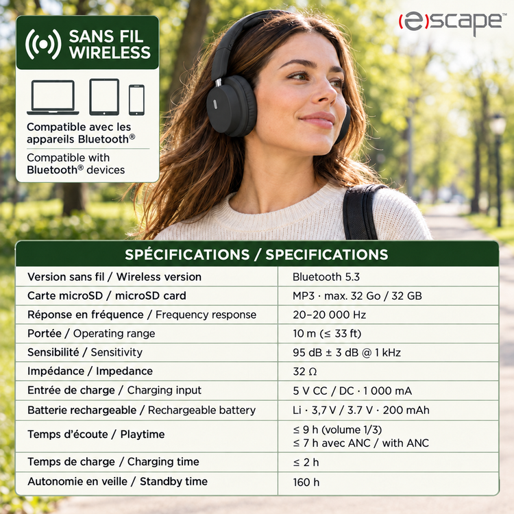 Escape Casque d'Écoute Sans Fil Pliable à Réduction de Bruit ANC + ENC, Microphone, Noir - Simple Boutique
