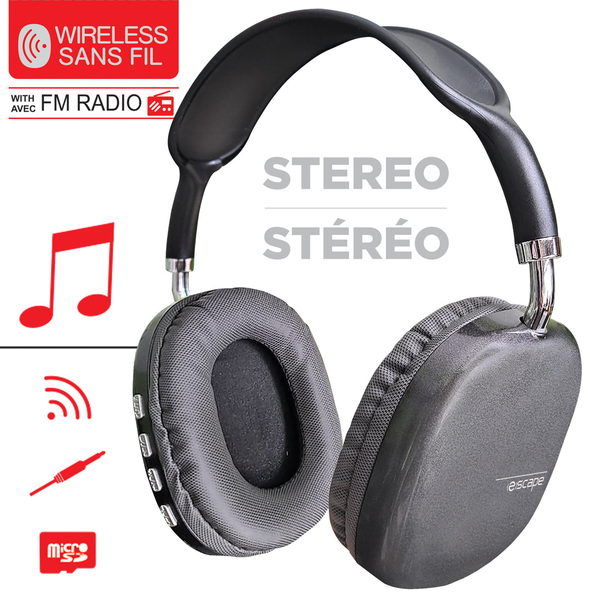 Escape Casque d'Écoute Sans Fil avec Radio FM, Lecteur Micro SD et Microphone, Gris - Simple Boutique