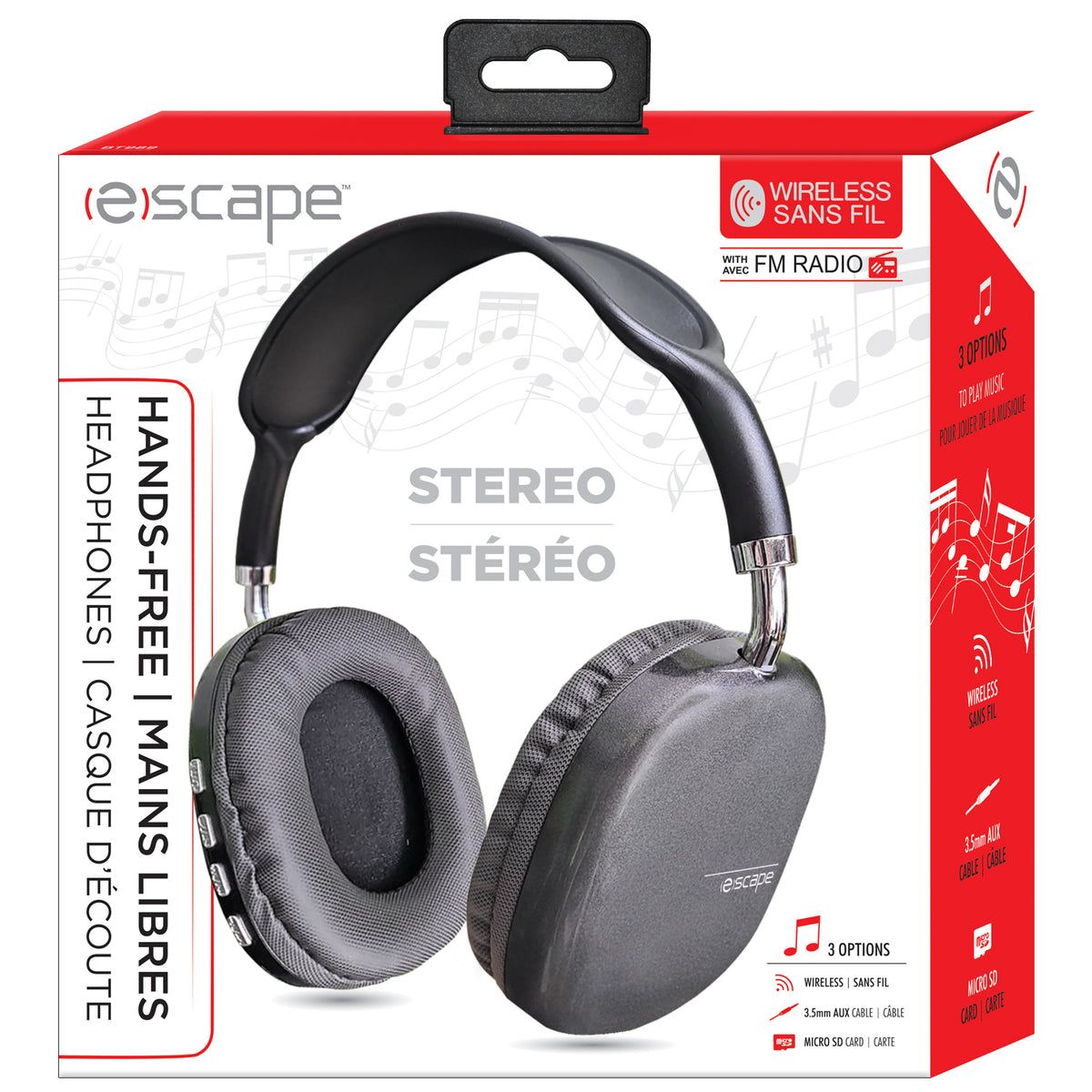 Escape Casque d'Écoute Sans Fil avec Radio FM, Lecteur Micro SD et Microphone, Gris - Simple Boutique
