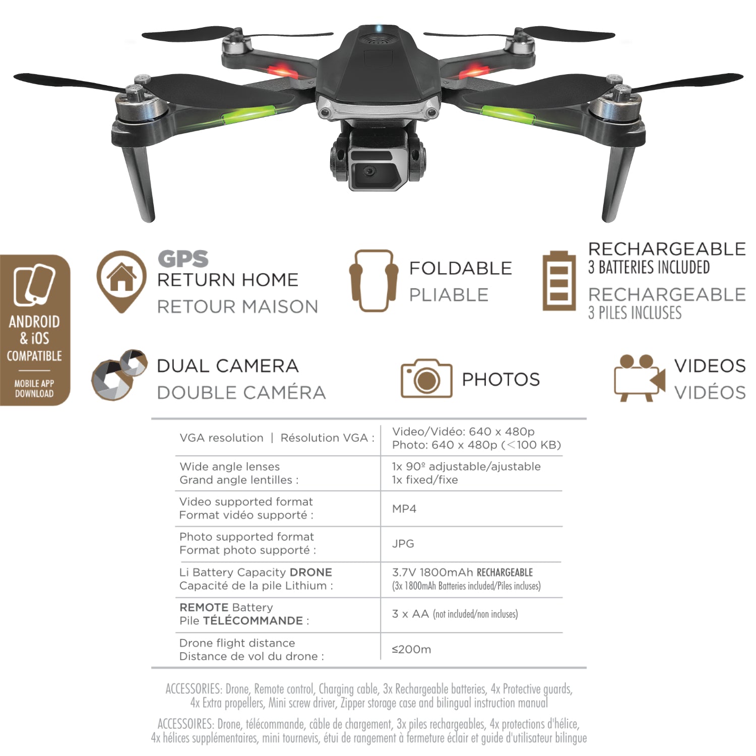 Escape Drone GPS Pliable à Double Caméra avec Retour Automatique et Lumières DEL - Simple Boutique