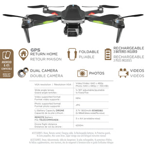Escape Drone GPS Pliable à Double Caméra avec Retour Automatique et Lumières DEL - Simple Boutique