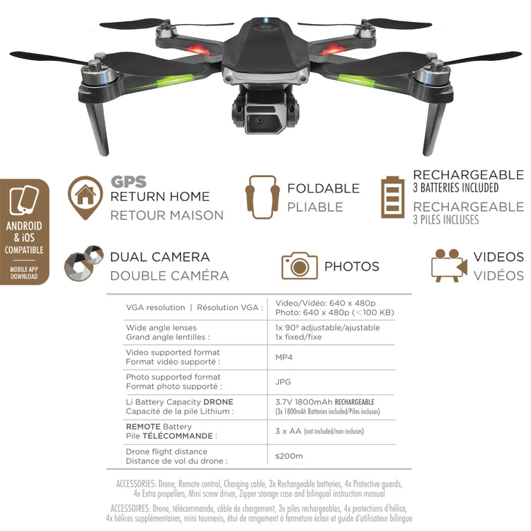 Escape Drone GPS Pliable à Double Caméra avec Retour Automatique et Lumières DEL - Simple Boutique