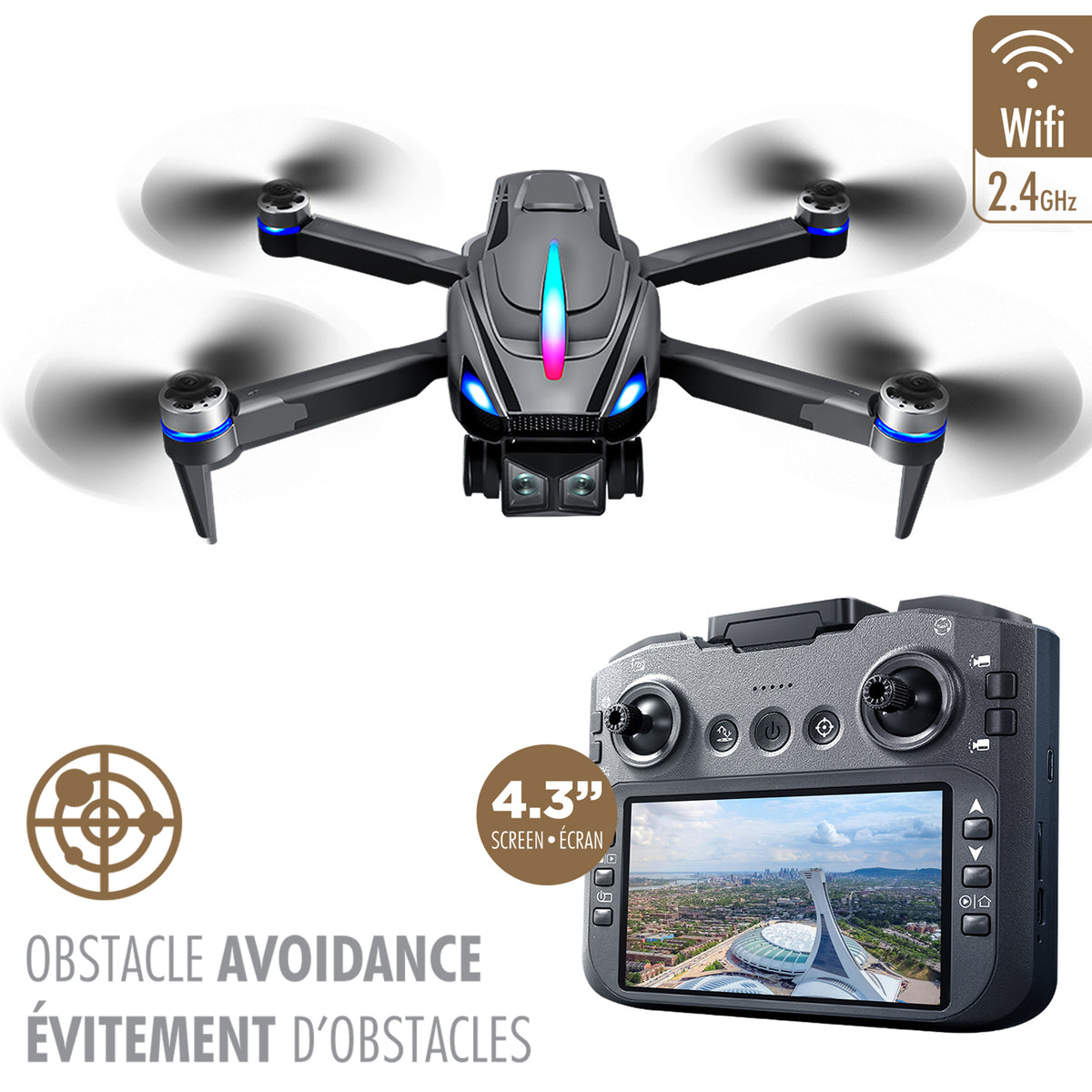 Escape Drone Pliable à Double Caméra avec Évitement d'Obstacles et Télécommande à Écran 4,3 Po - Simple Boutique