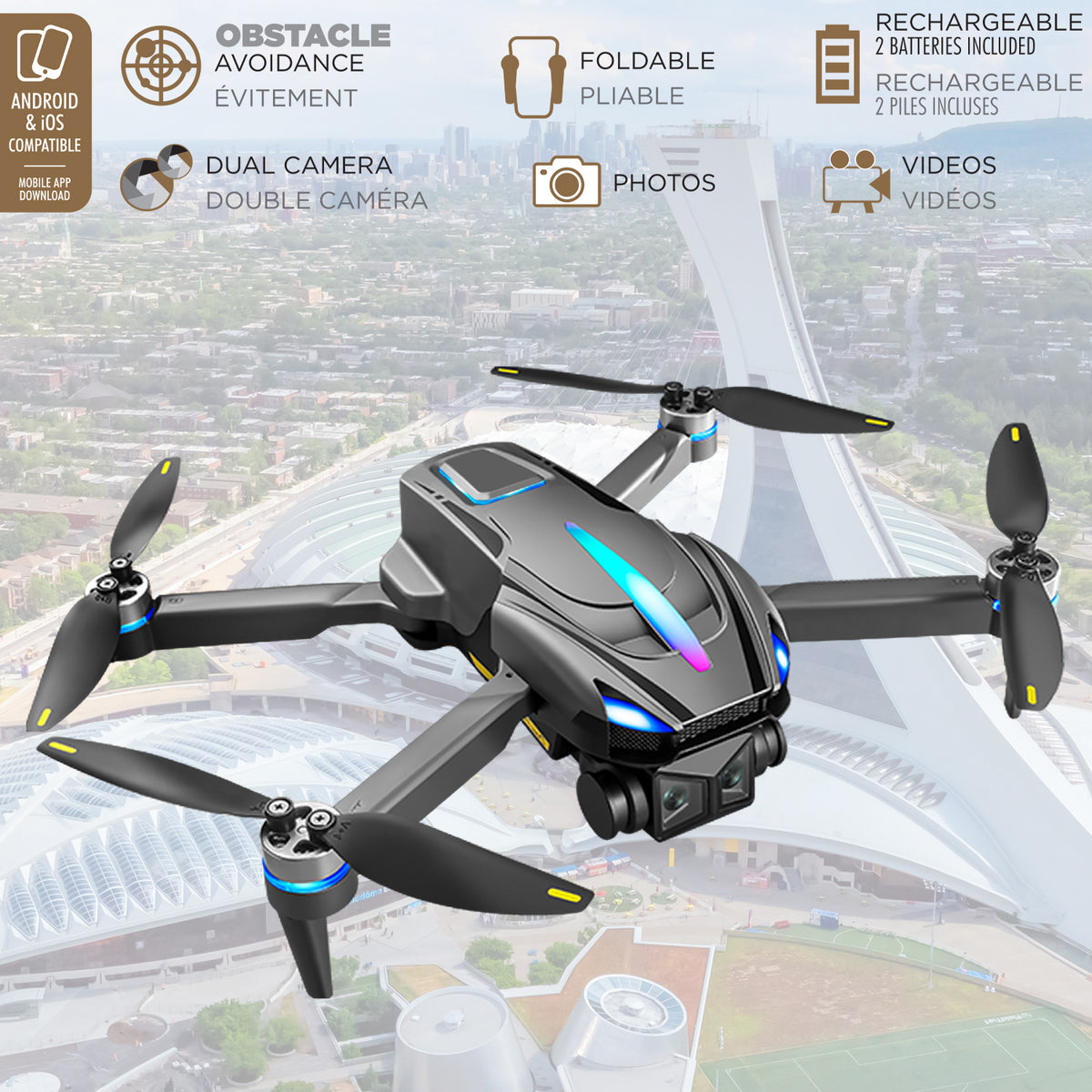 Escape Drone Pliable à Double Caméra avec Évitement d'Obstacles et Télécommande à Écran 4,3 Po - Simple Boutique
