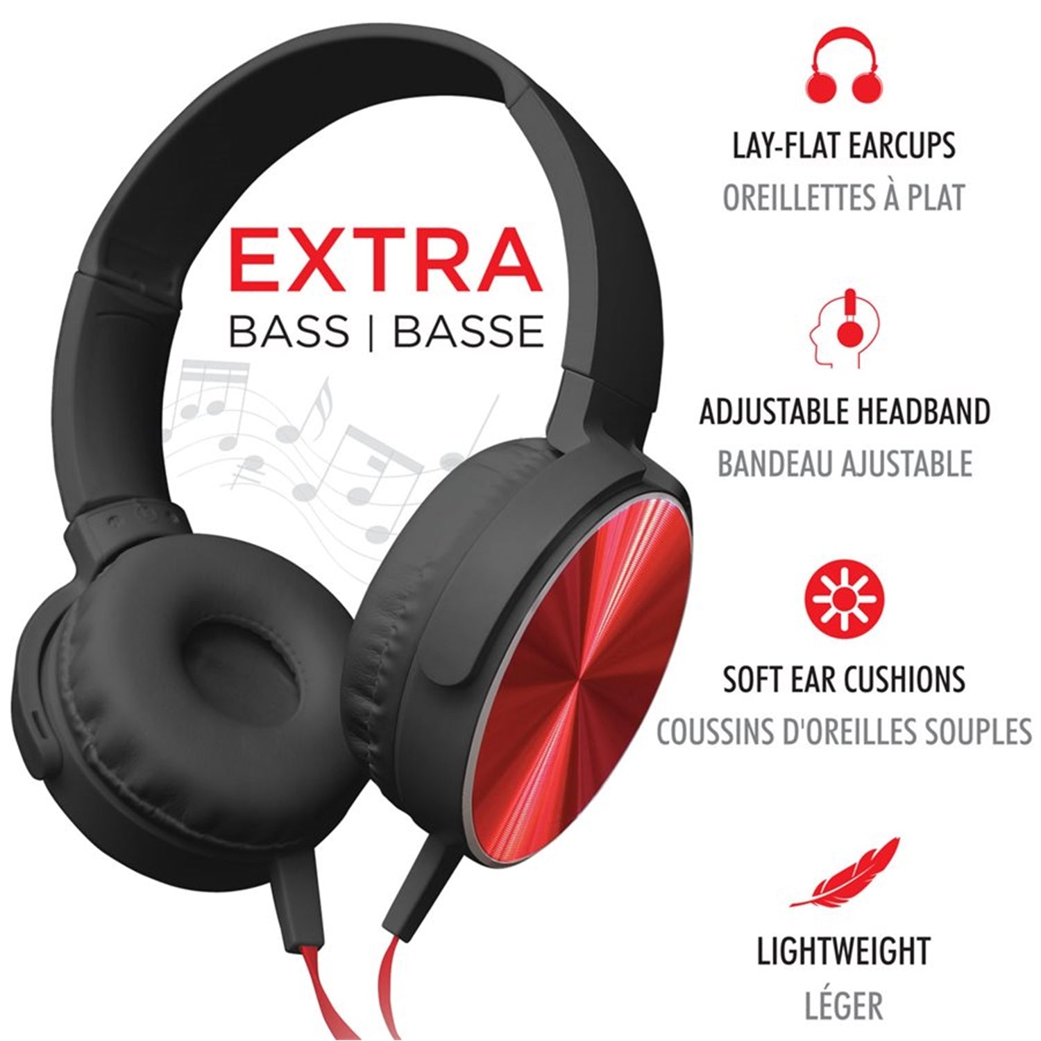 Escape - Écouteurs Filaire Stéréo Pliable avec Extra Basse, Noir et Rouge - Liquidation Vente Finale - Simple Boutique