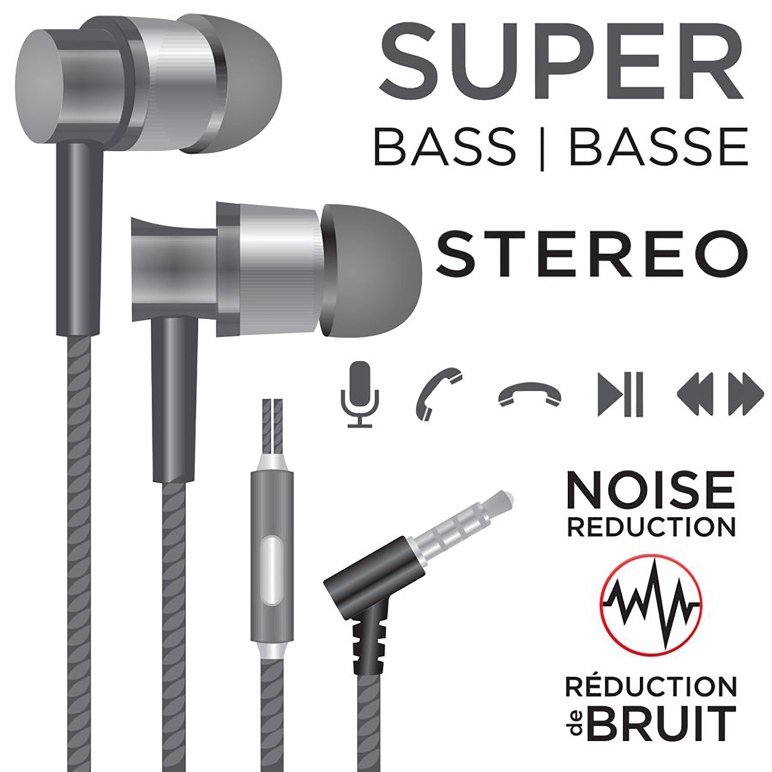 Escape - Écouteurs Intra-Auriculaire Stéréo, Réduction du Bruit, Microphone Intégré, Gris - Simple Boutique