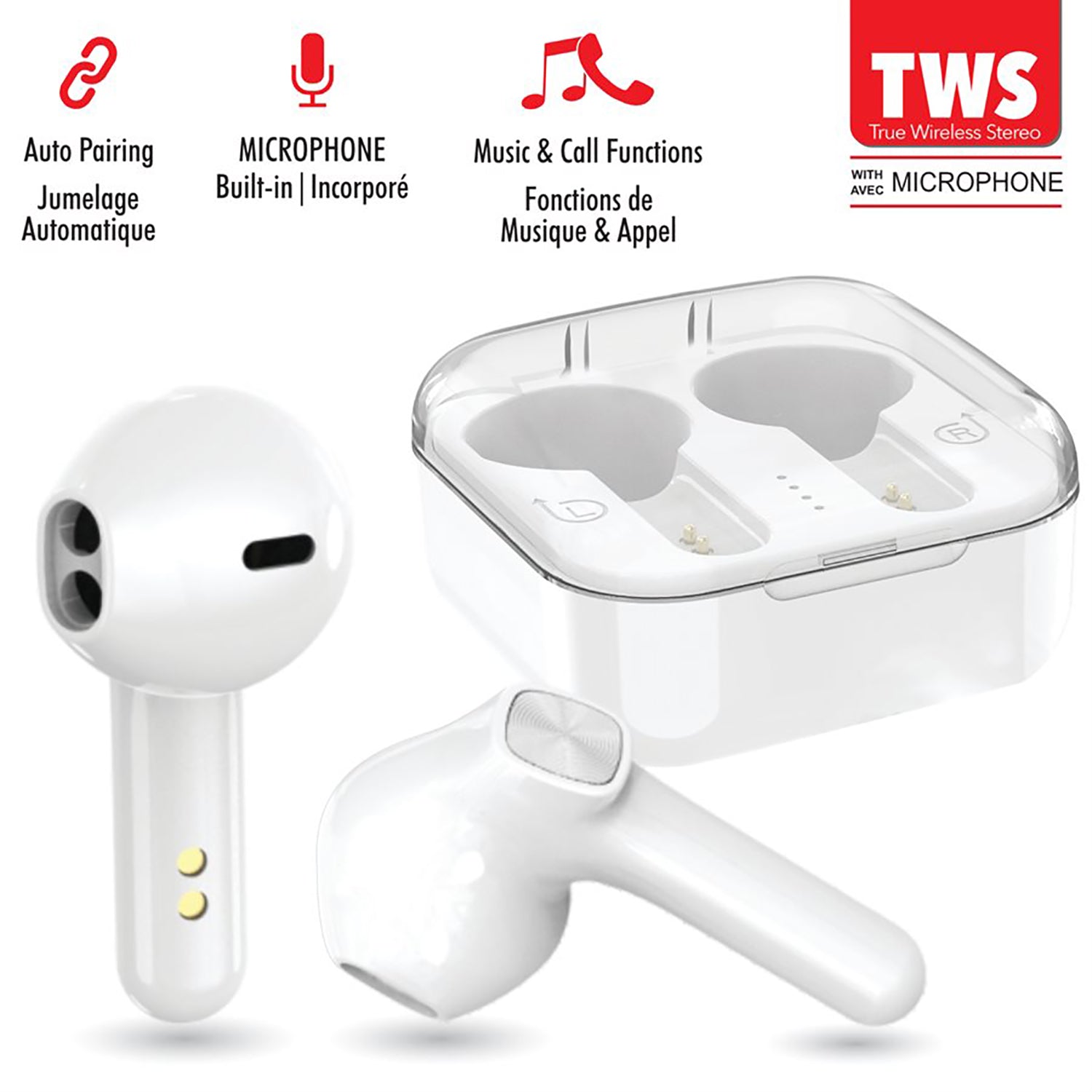 Escape - Écouteurs Intra-Auriculaires Sans-Fil avec Microphone et Boitier de Chargement, Blanc - Simple Boutique