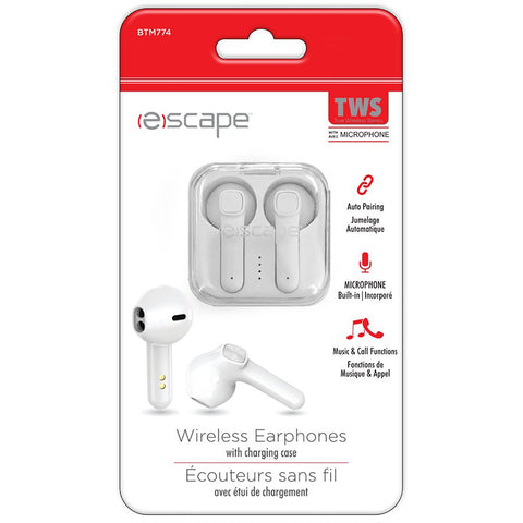Escape - Écouteurs Intra-Auriculaires Sans-Fil avec Microphone et Boitier de Chargement, Blanc