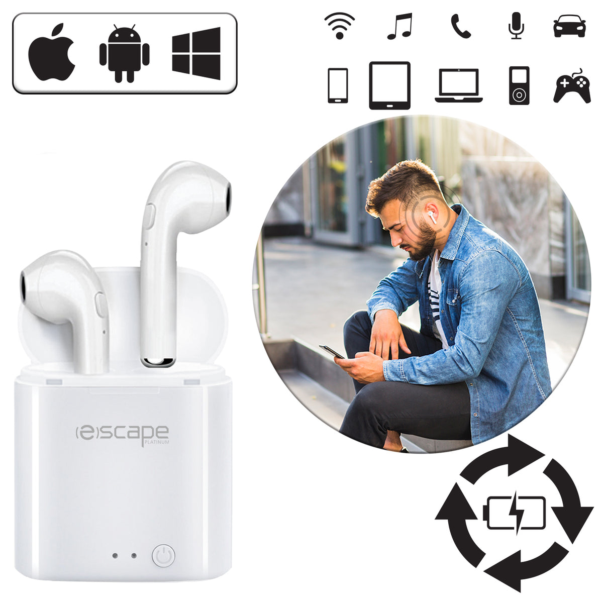 Escape Écouteurs Sans Fil 5.0 avec Étui de Charge et Microphone Intégré, Blanc - Simple Boutique