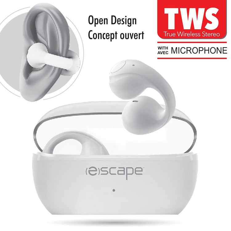 Escape - Écouteurs Sans-Fil à Clip D'oreille avec Microphone et Boitier de Chargement, Blanc - Simple Boutique