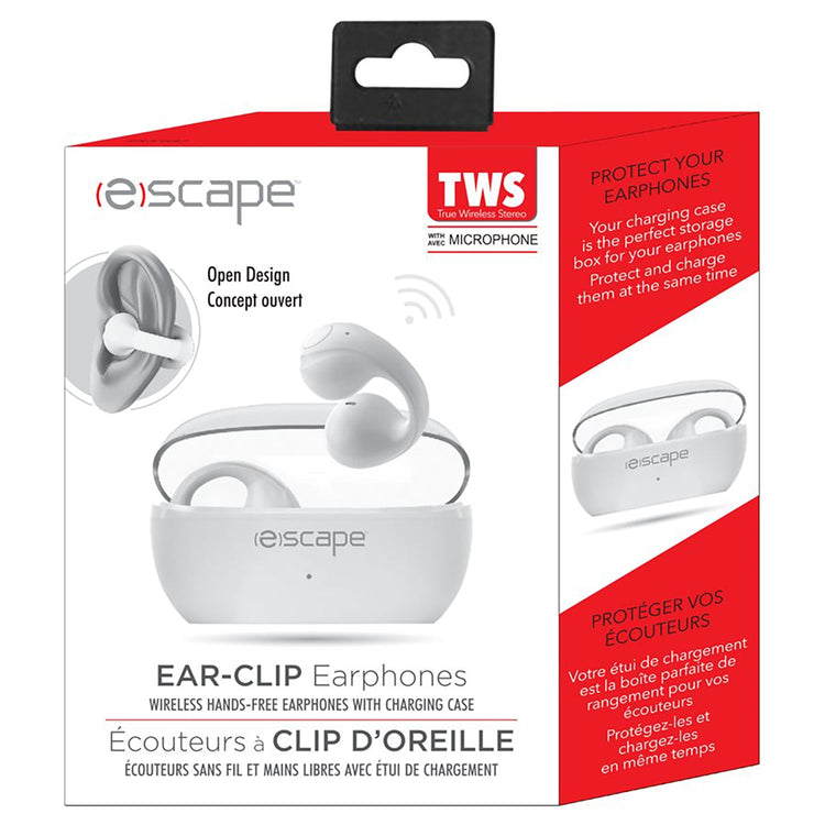 Escape - Écouteurs Sans-Fil à Clip D'oreille avec Microphone et Boitier de Chargement, Blanc - Simple Boutique