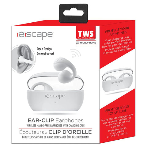 Escape - Écouteurs Sans-Fil à Clip D'oreille avec Microphone et Boitier de Chargement, Blanc