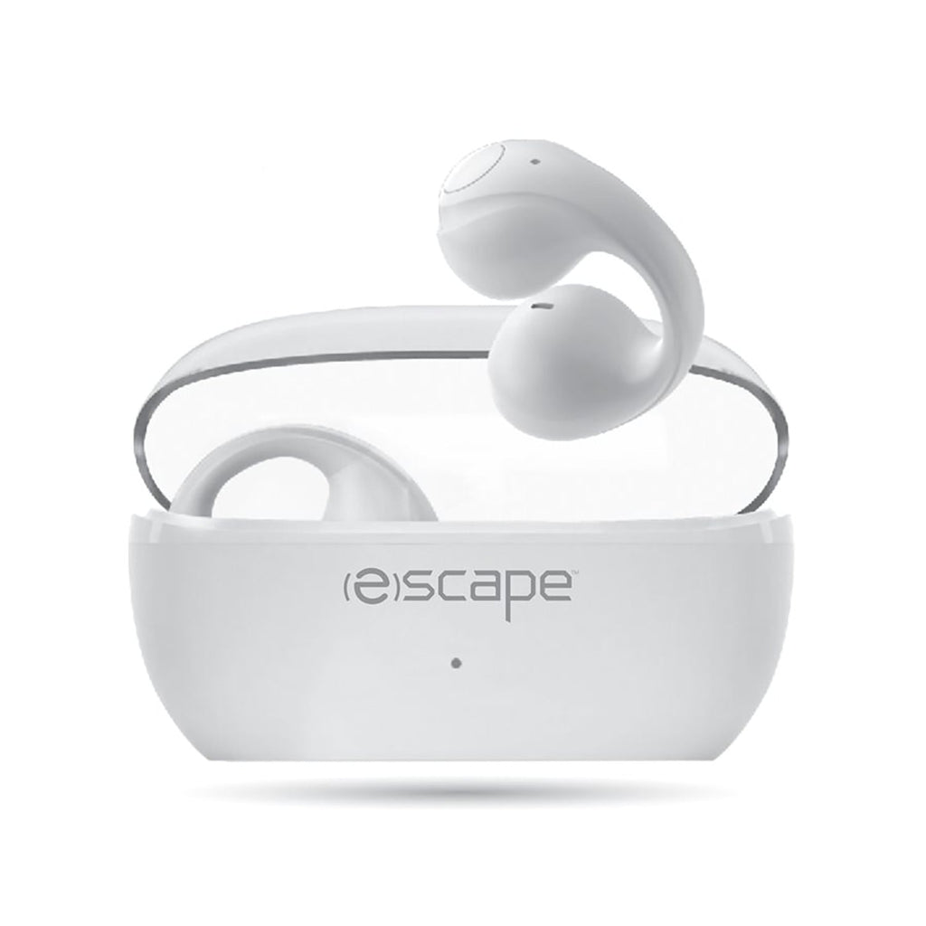 Escape - Écouteurs Sans-Fil à Clip D'oreille avec Microphone et Boitier de Chargement, Blanc