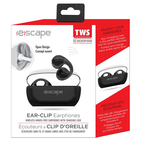 Escape - Écouteurs Sans-Fil à Clip D'oreille avec Microphone et Boitier de Chargement, Noir