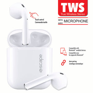 Escape Écouteurs Sans Fil à Commande Tactile avec Étui de Charge et Microphone, Blanc - Simple Boutique