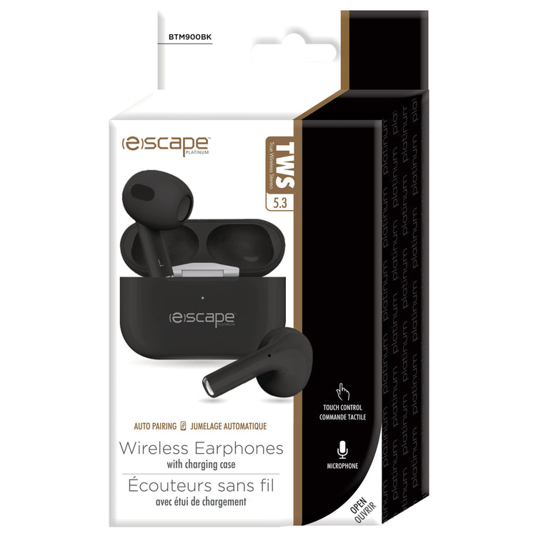 Escape Écouteurs Sans Fil à Commande Tactile avec Étui de Charge et Microphone, Noir - Simple Boutique