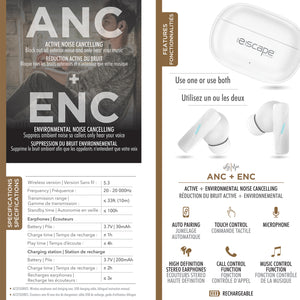 Escape Écouteurs Sans Fil à Réduction de Bruit ANC et ENC avec Étui de Charge, Blanc - Simple Boutique